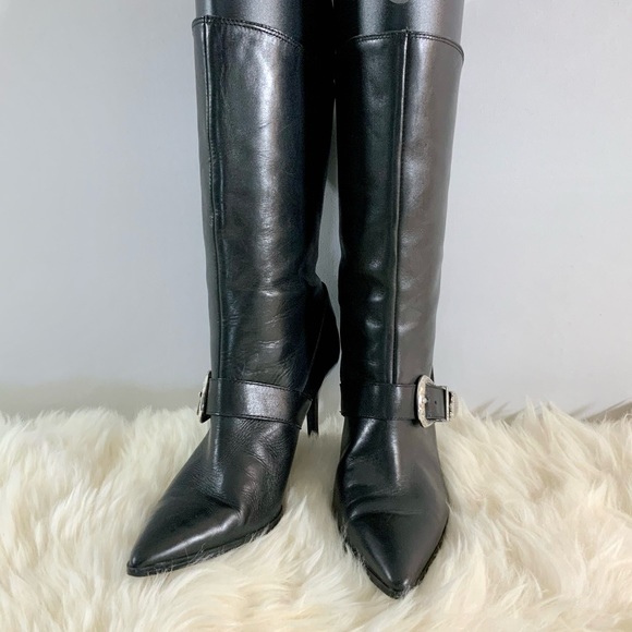 ZARA Cowboy Buckle Black Leather Pointed Toe Slip On Heel Boots Sz 7.5US - Picture 3 of 15